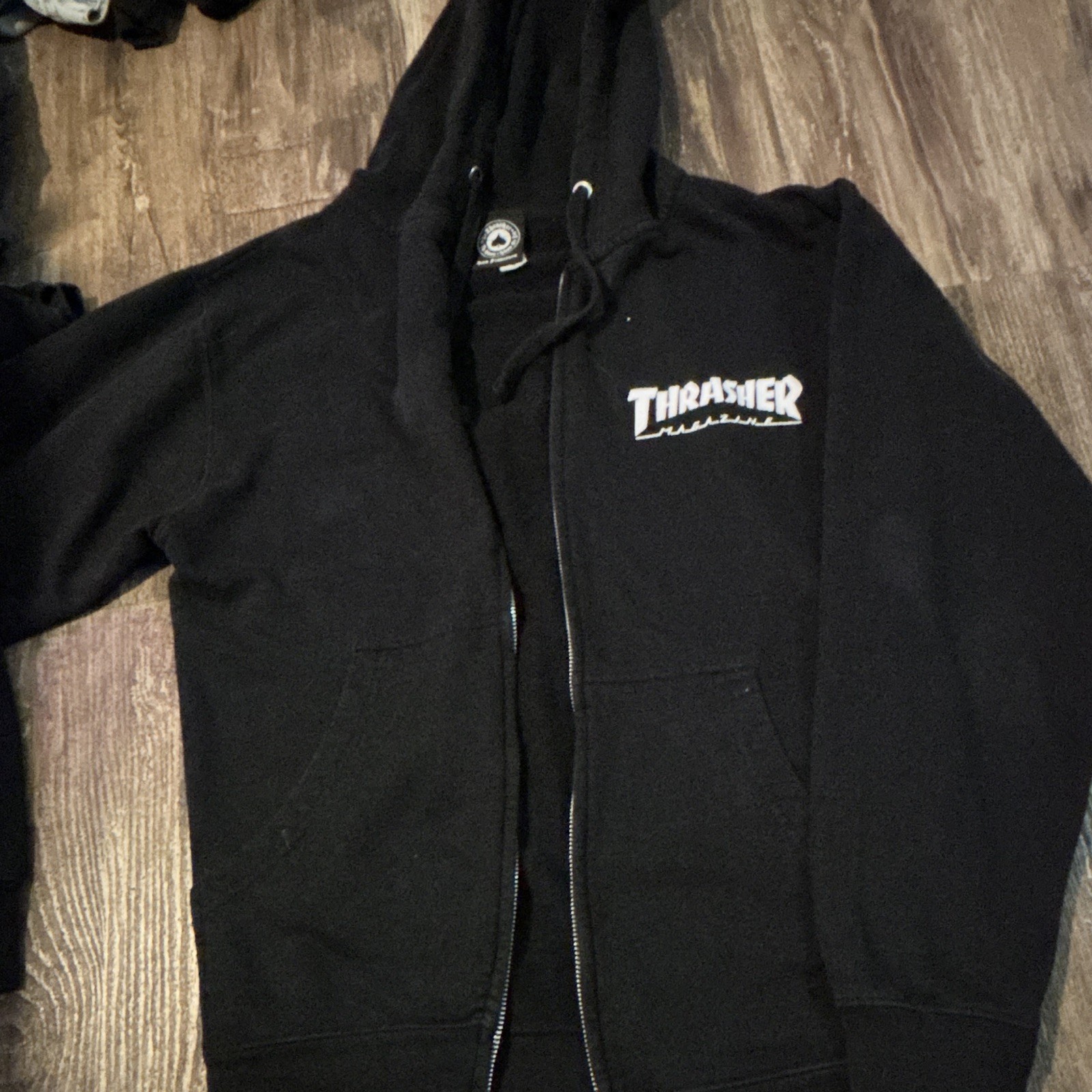 Thrasher Men’s Hoodie Sweatshirt Size S Black Full Zip Logo Hooded Pockets