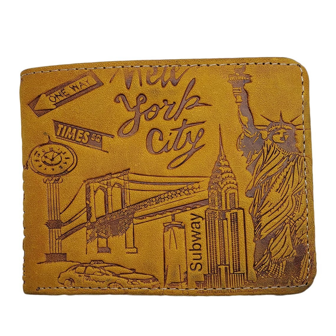 NWT New York City USA Men’s Mustard Multi Card ID Embossed Leather Bifold Wallet