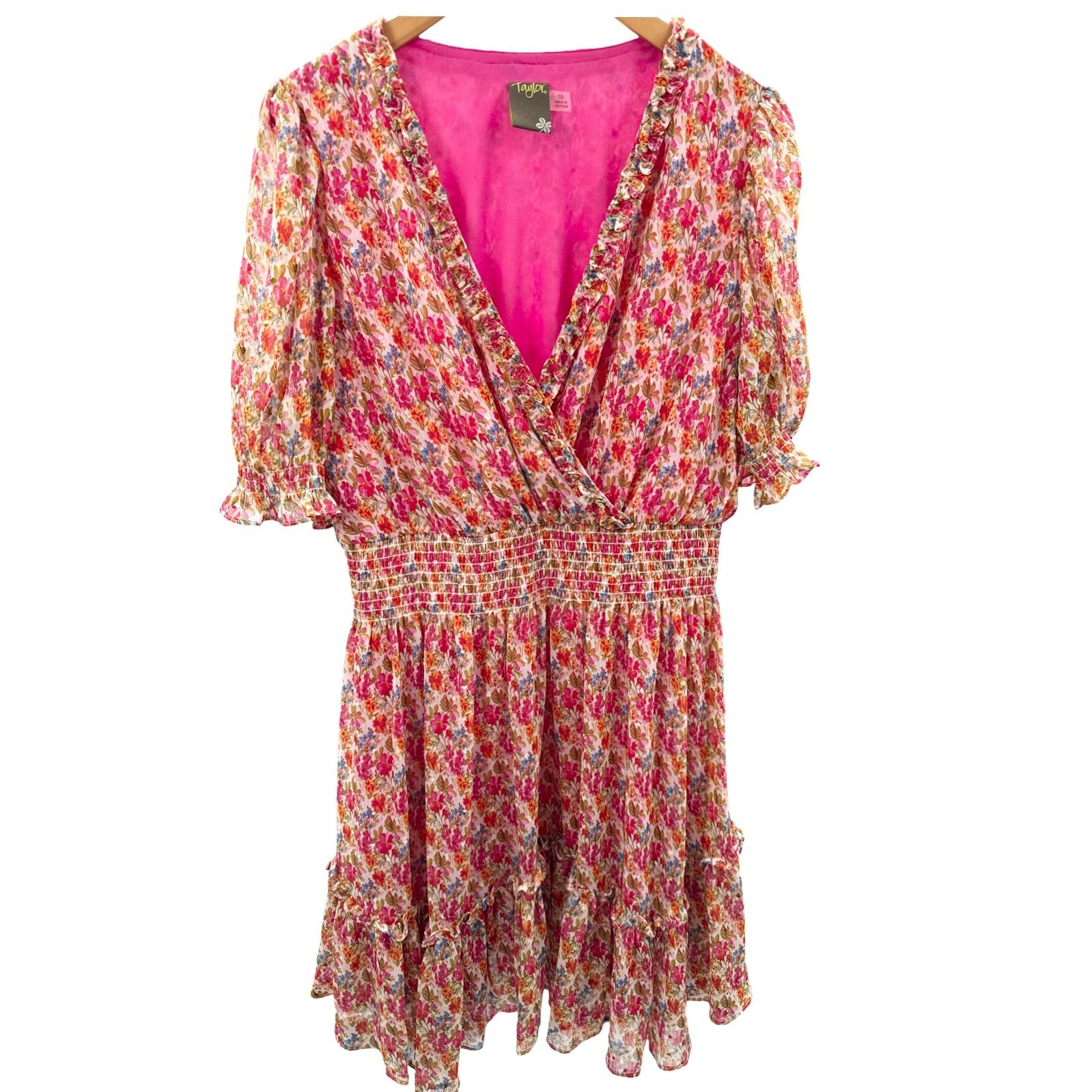 Taylor Floral Smocked Waist Mini Dress Pink Cottagecore Brunch Size 10