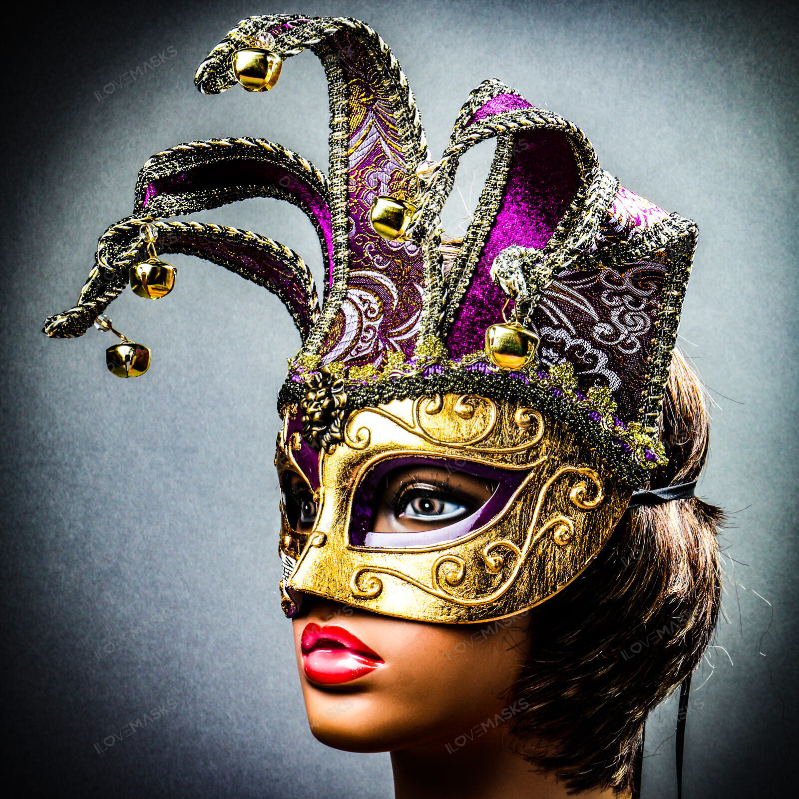 Jester Joker Venetian Musical Eye Mask with Bells Gold Purple Halloween Eye Mask