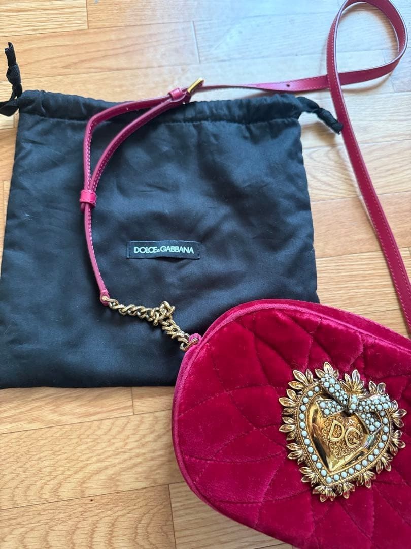 Dolce & Gabbana Devotion Red Shoulder Bag Heart Logo Leather Chain Bag Auth JP