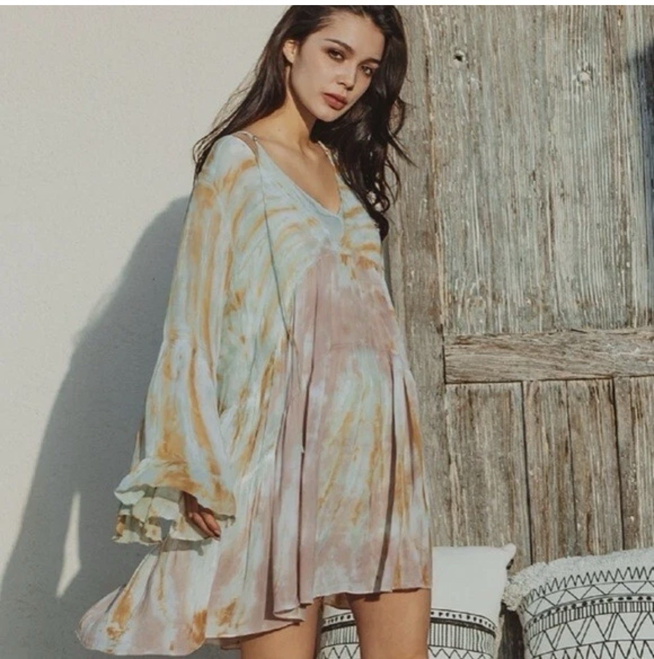Young Fabulous & Broke Tie Dye Chiffon V-Neck Bell Sleeve Trapeze Dress S