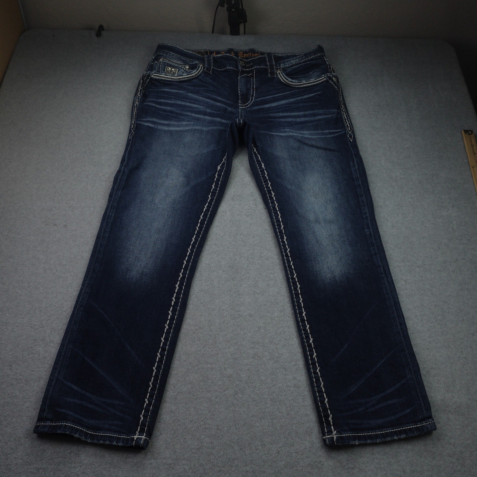 Rock Revival Jeans Mens 36 Blue Distressed Stitch Jaser Straight Denim