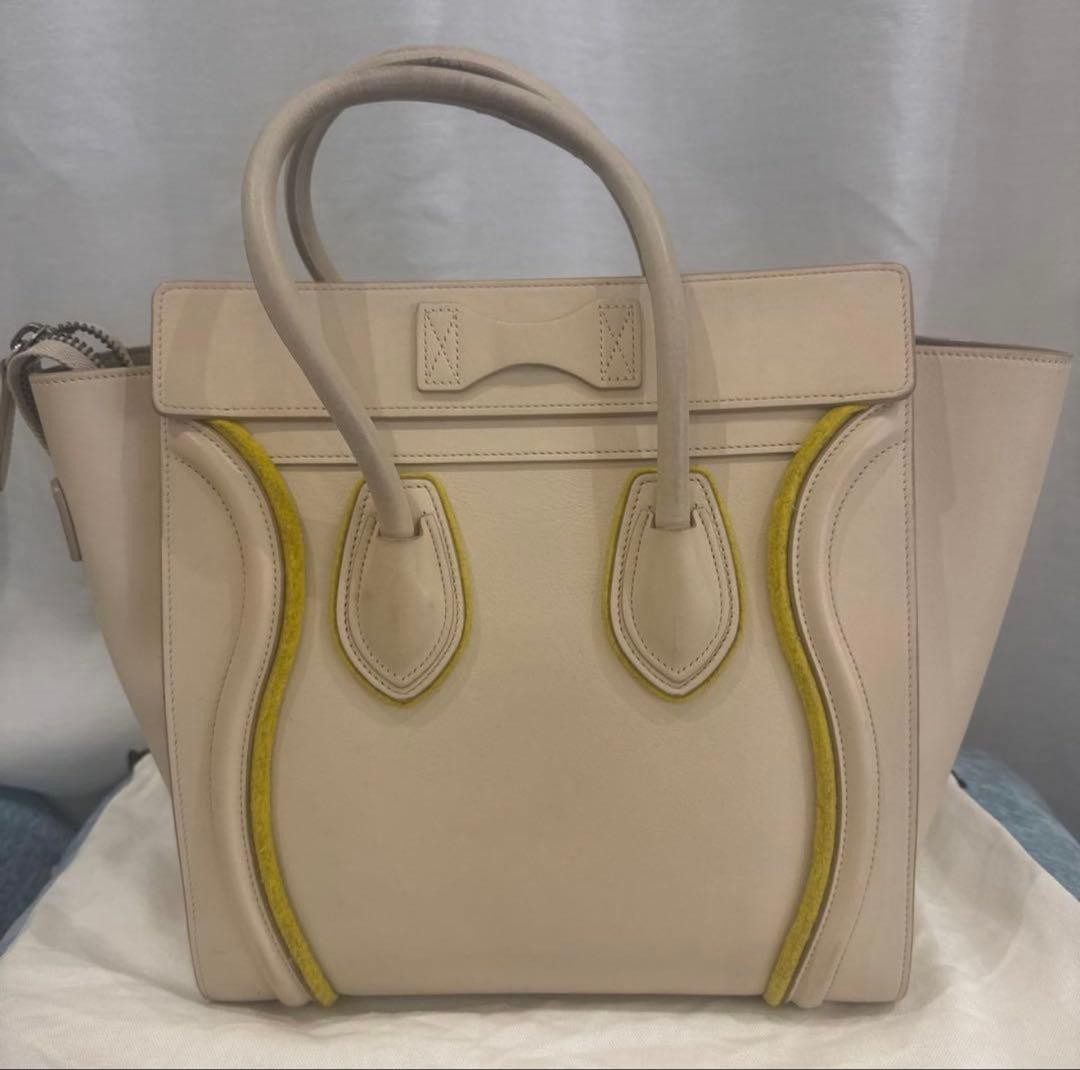Celine Luggage Handbag Beige Yellow Leather Tote Bag Purse with Dust Bag Used