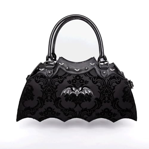 Bat Shaped Purse Damask Print Metal Bat on Bag with Shoulder Strap (Black)