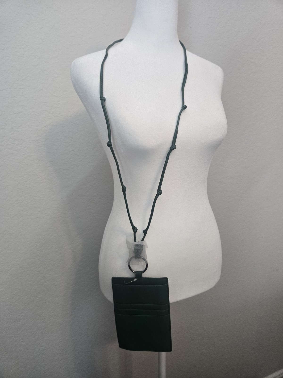 Green Faux Leather ID/Document Holder Lanyard Card Case w/ Credit Card Slot