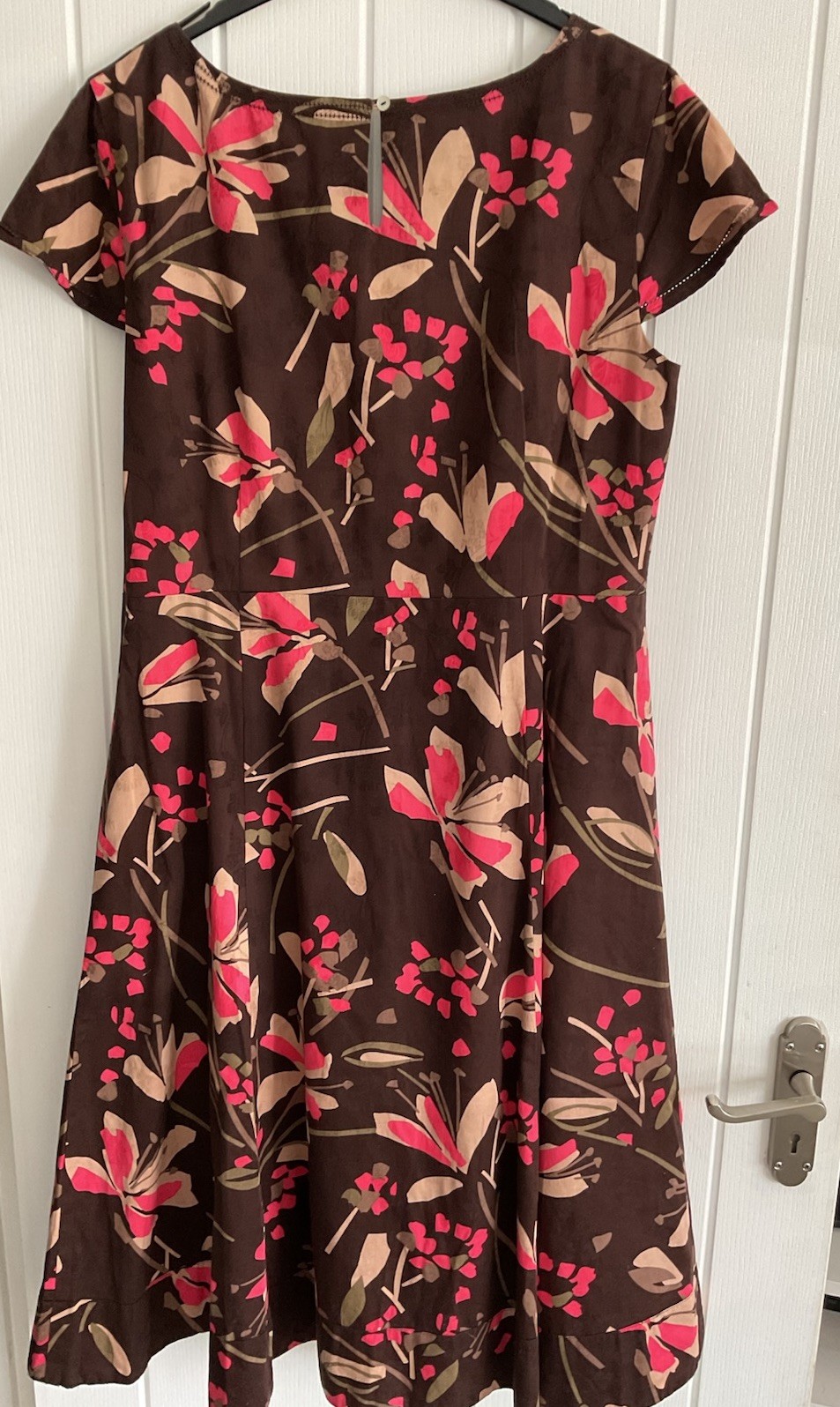 Monsoon Size 16 Brown & Pink Floral Print Cotton Lined Dress VGC See details
