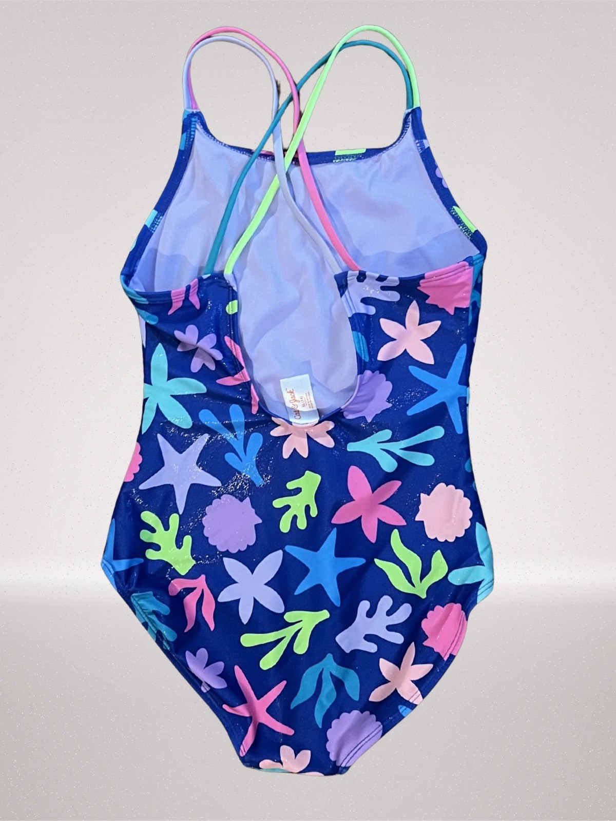 Cat & Jack Girls One Piece Swimsuit Strappy Sea Life Starfish Blue XL (14)