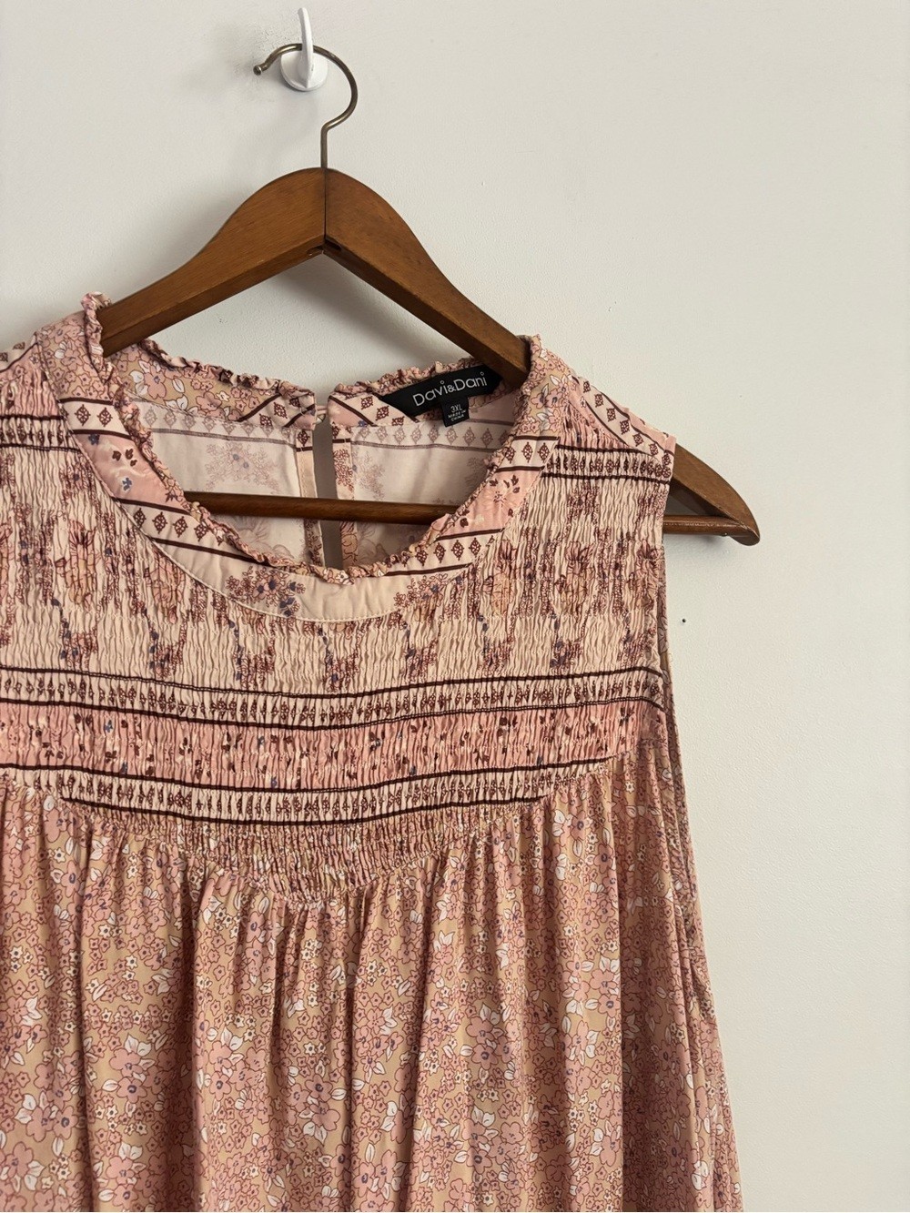 Davi + Dani Boho Light Pink Patterned Cottagecore Smocked Sleeveless Dress, 3X