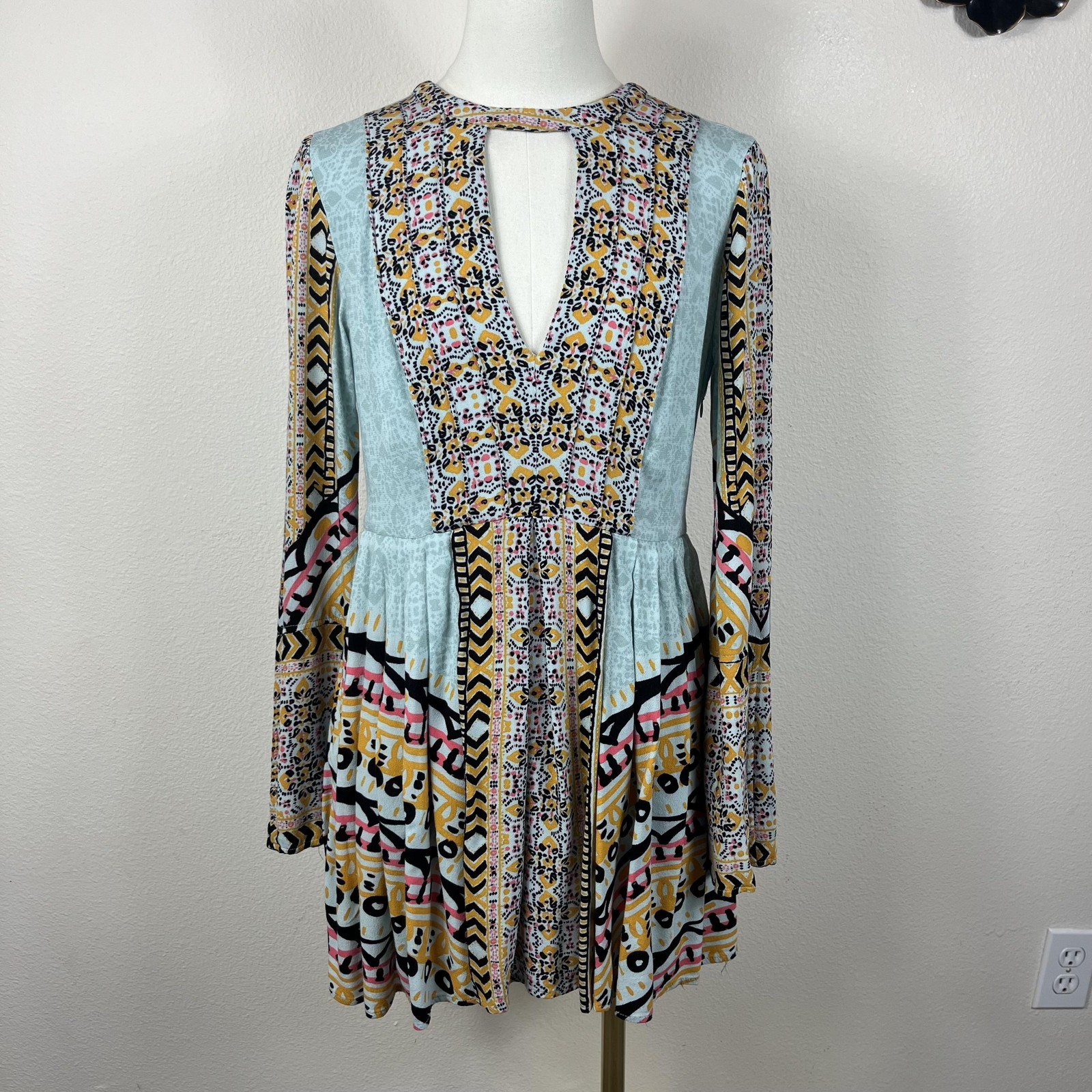 Free People Dress Womens 2 Multicolor Geometric Tegan Border Print Mini Boho