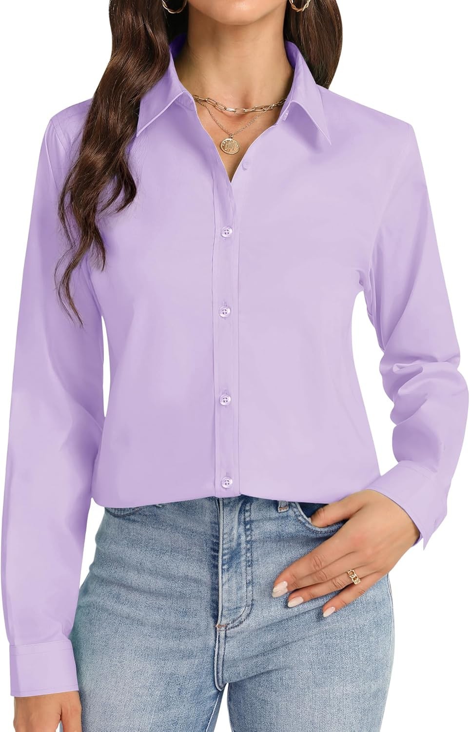 Women’s Stretch Poly Blend Button Down Blouse Long Sleeve Tailored Fit