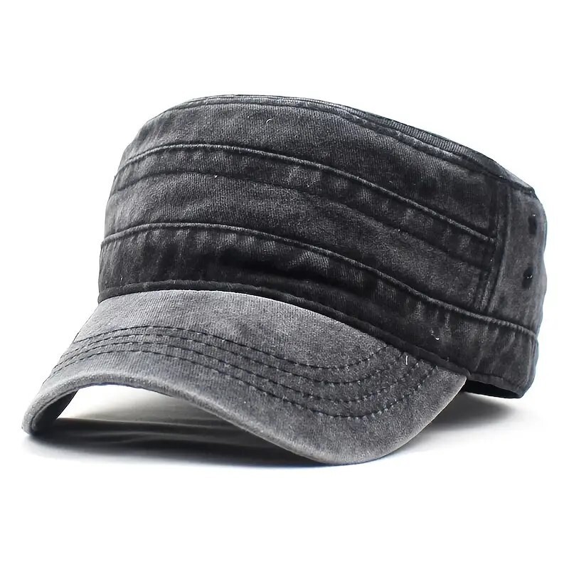 Black Washed Vintage Flat Top Cap, Cotton Military Cadet Army Caps Unique Design