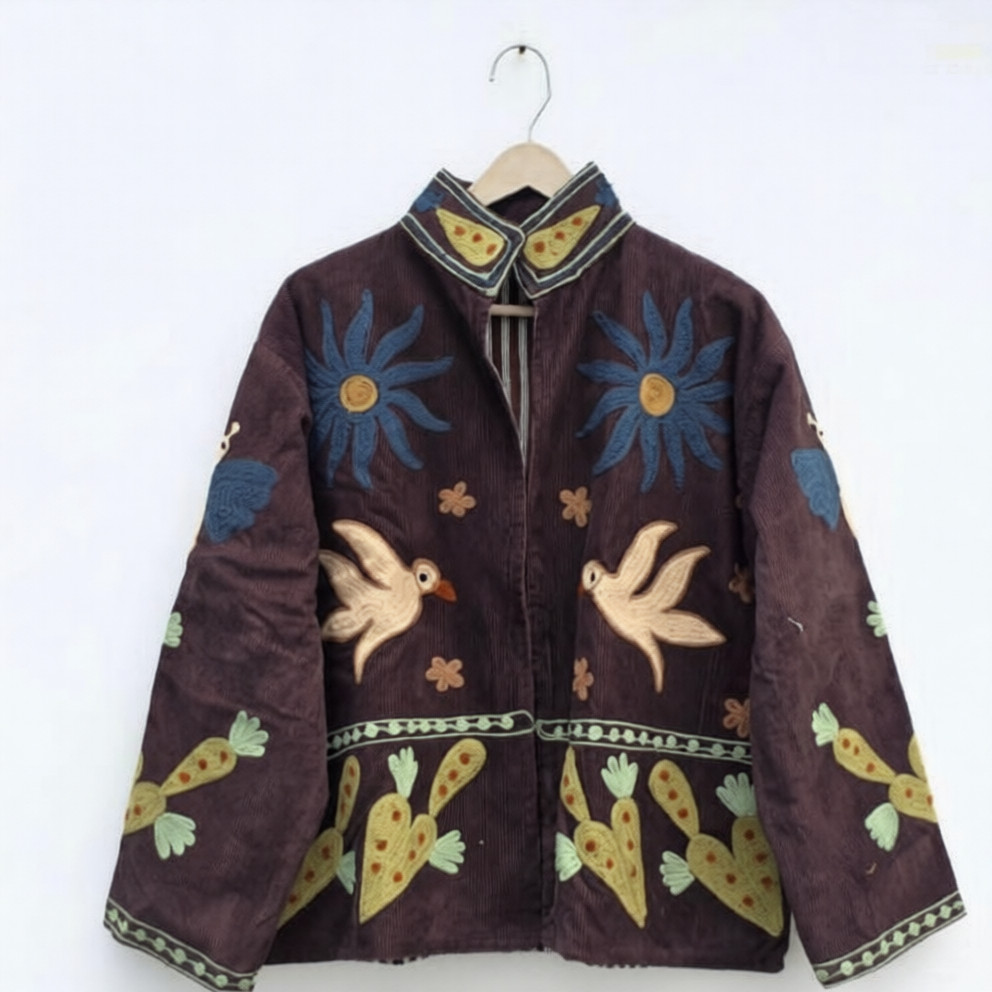 Artisan Quilted Corduroy Chore Coat Folk Art Embroidery Sun Birds Love Gypsy