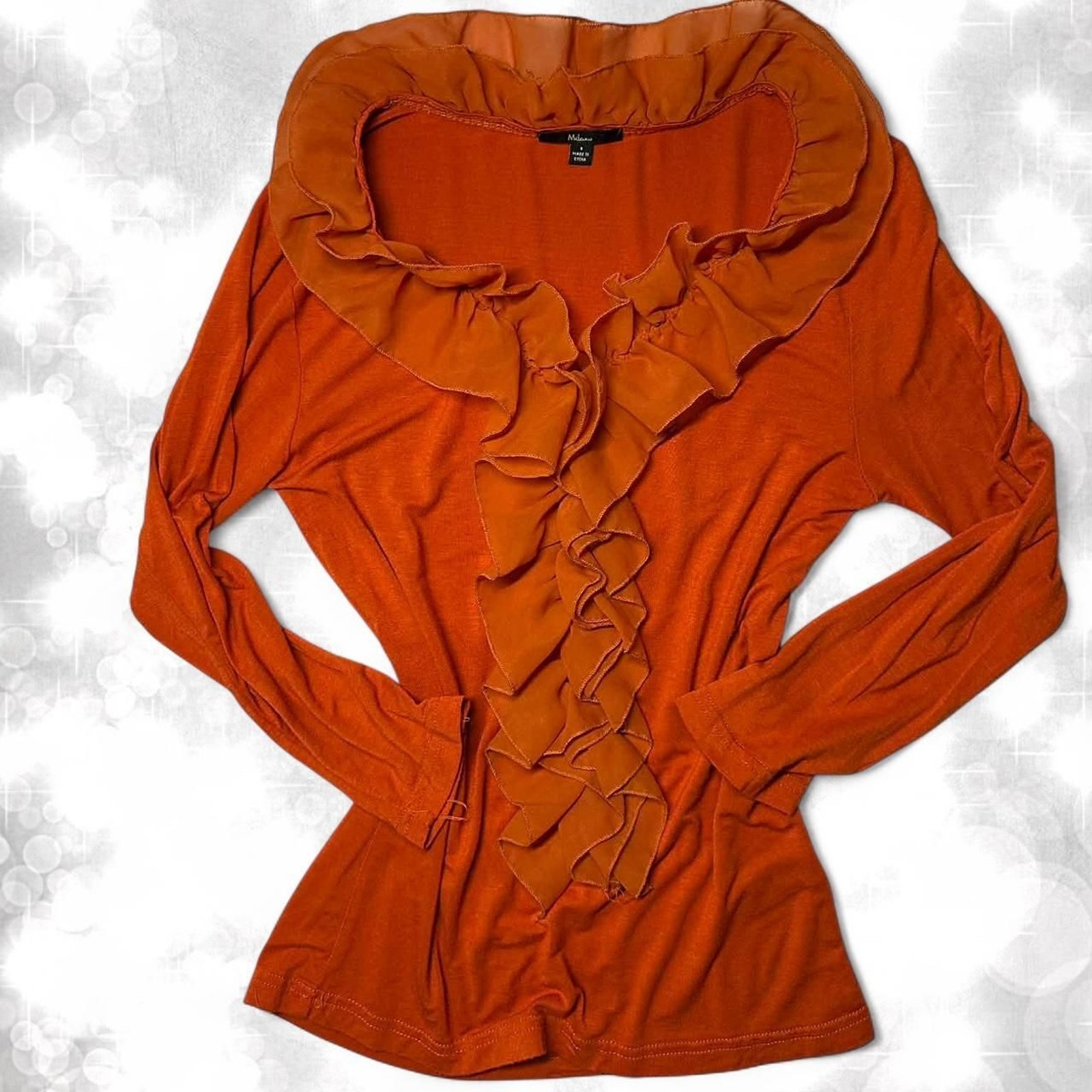 Y2K rustic orange ruffled long sleeve blouse. 90s style