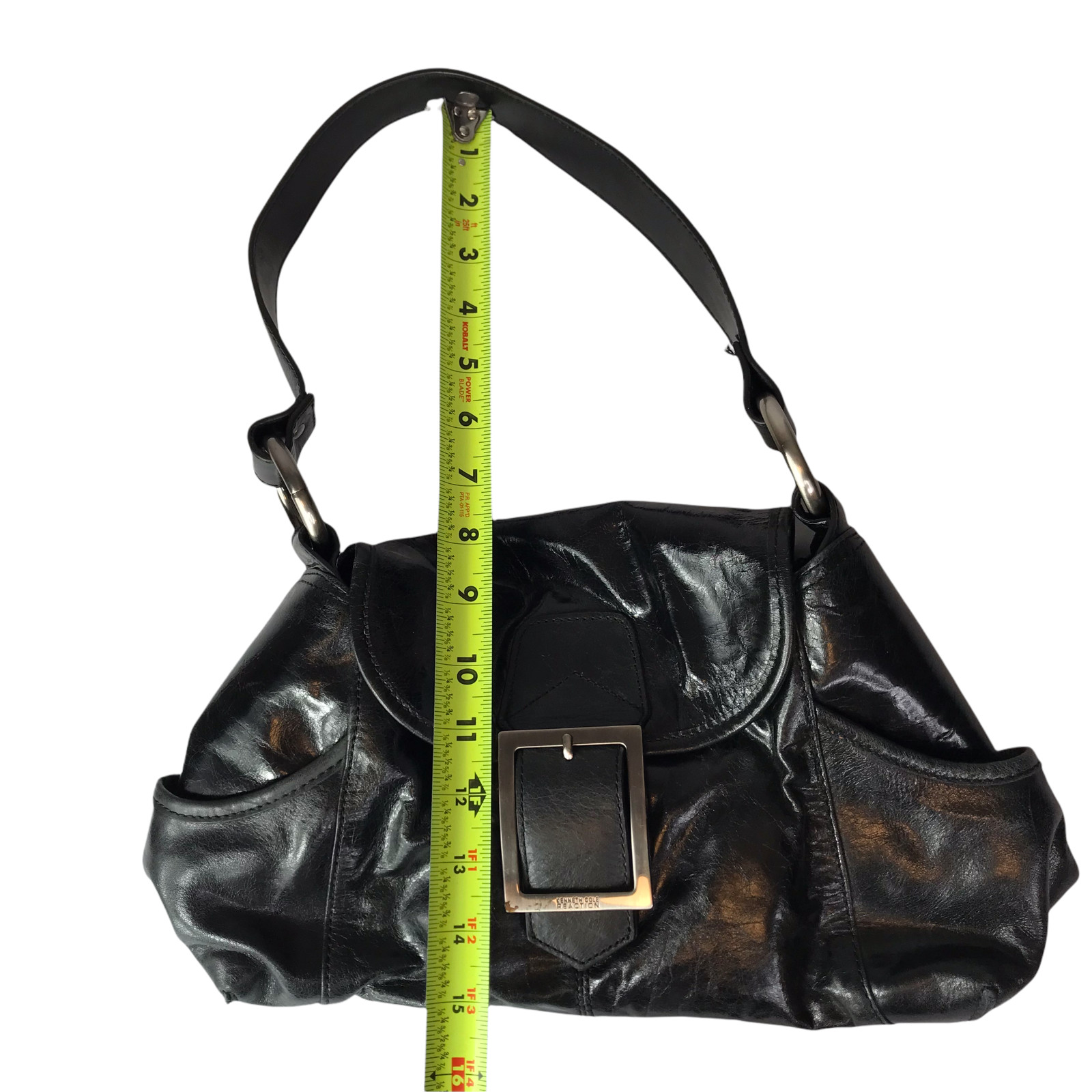 Kenneth Cole Reaction Leather Purse Shoulder Bag Black Silver Buckle Magnetic