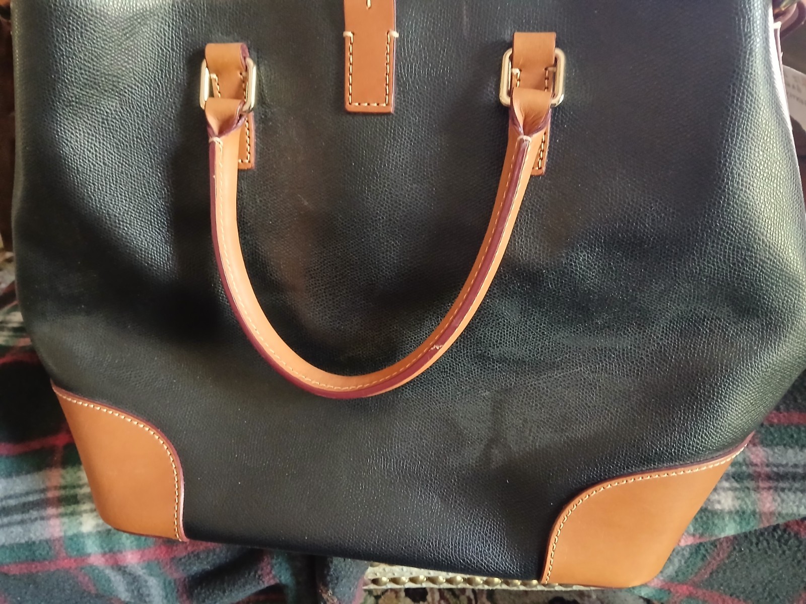 Dooney & Bourke Black Pebbled Satchel Top Handle Tan Strap Zip Turn Lock