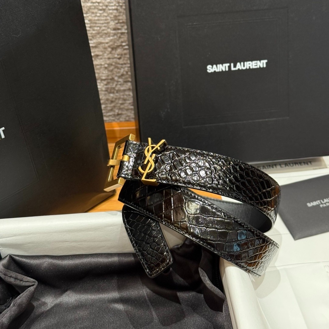 Authentic Yves Saint Laurent Belt YSL Black Gold Buckle Width:3.0cm/1.18inchs