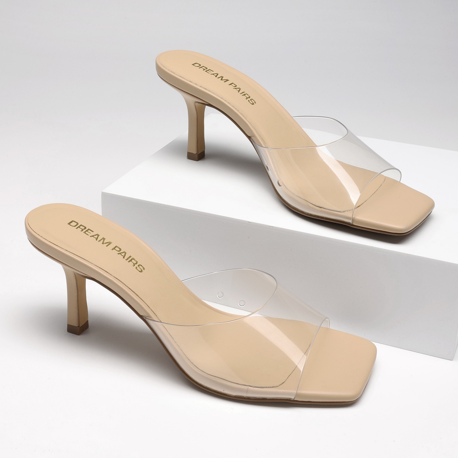 Women Kitten Heels Slide Sandals Square Toe Slip On Heeled Mules Dress Sandals