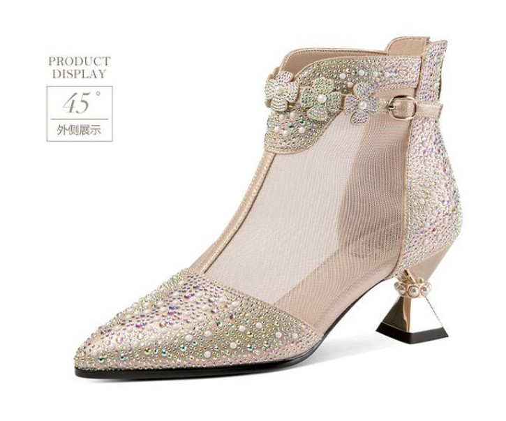 Pearls Women’s Poined Toe Mesh Rhinestone Real Leather Sandals Kitten Heels Sexy