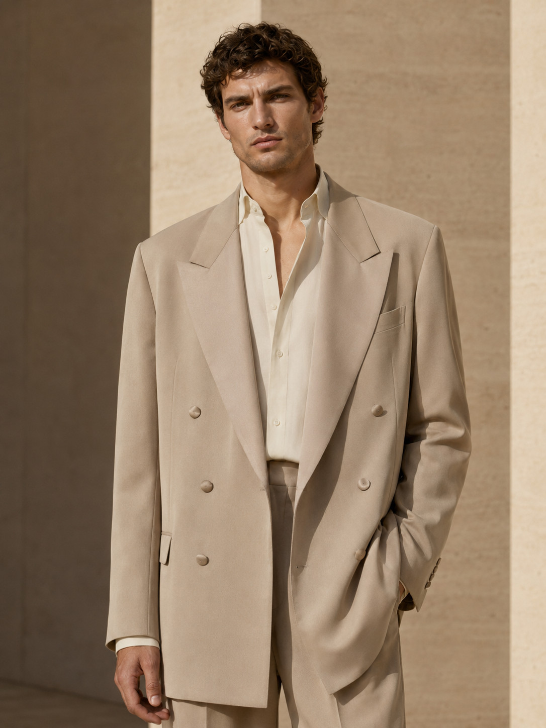 Mens Beige Double Breasted 2 Piece Suit Oversized Blazer Wide Leg Pants Wedding