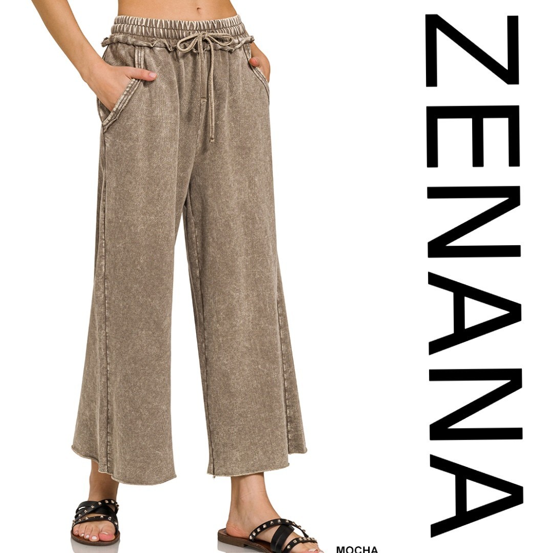 NEW SIZE S-L ZENANA MOCHA MINERAL WASHED FRENCH TERRY WIDE LEG PANTS/CROP BHCS