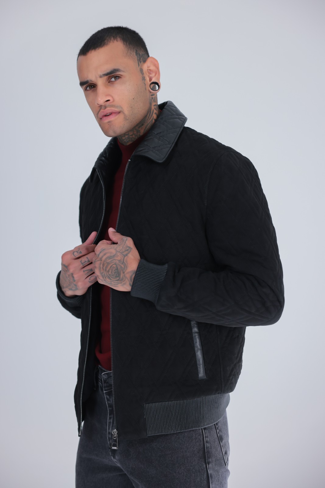 Men’s Genuine Suede Leather Bomber Jacket Black Rib Knit Zip 26″ – 65cm