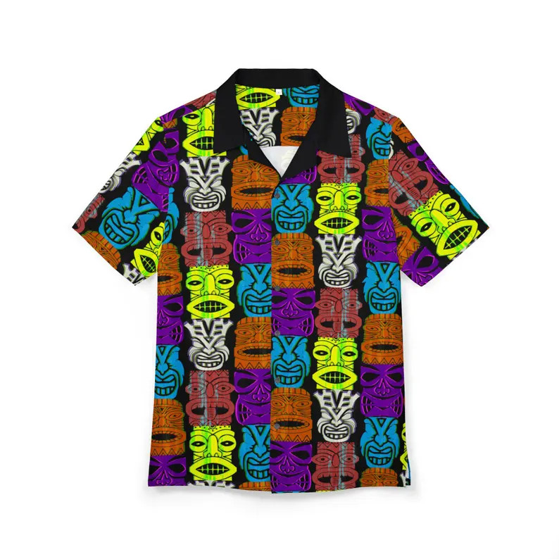 Retro Tiki Heads Hawaiian Shirt: 1950s MCM Design, Beach Party