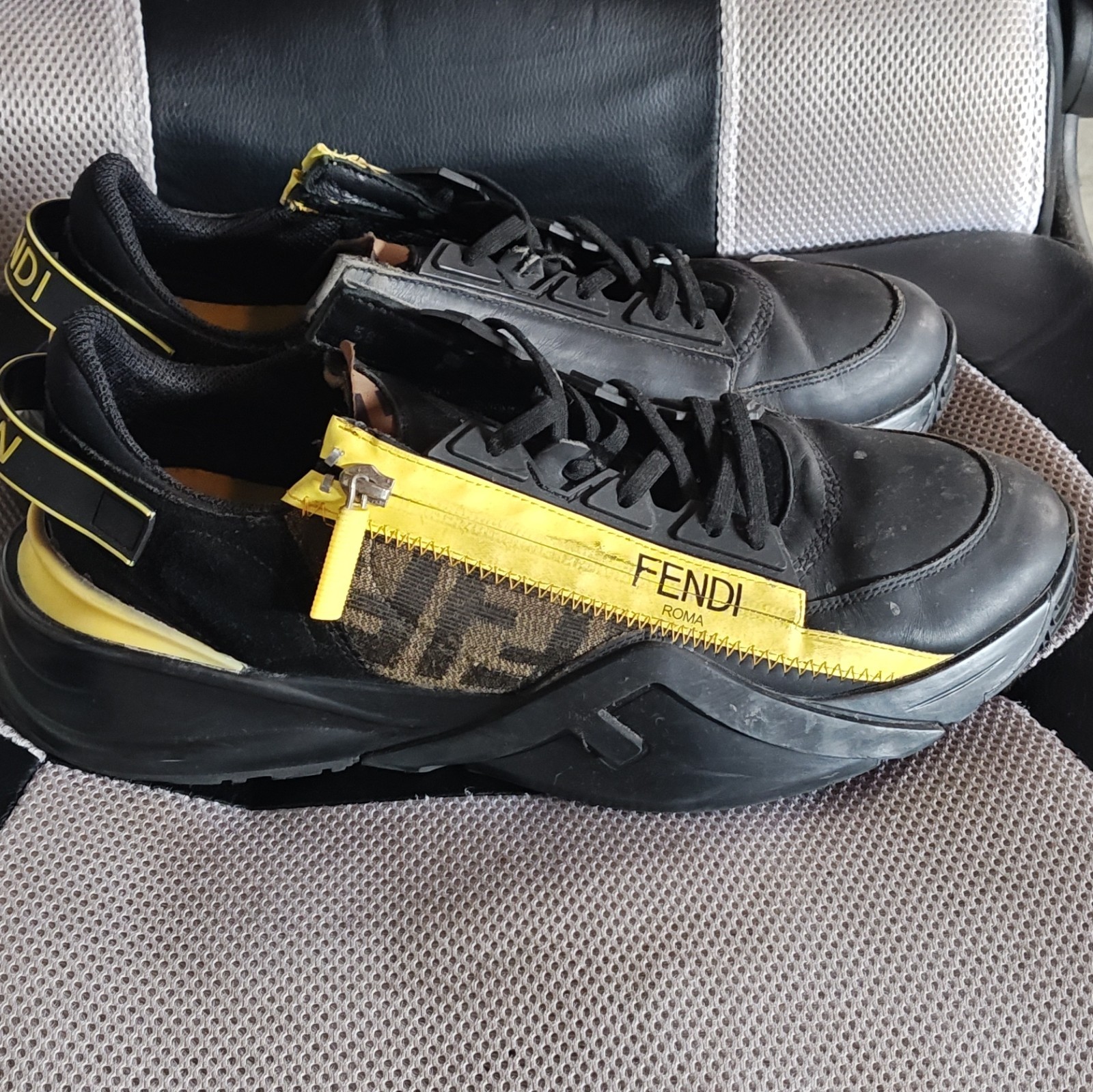 Fendi Flow Men’s Black/Yellow Low Top Sneakers Lace-Up Zip Logo Strap