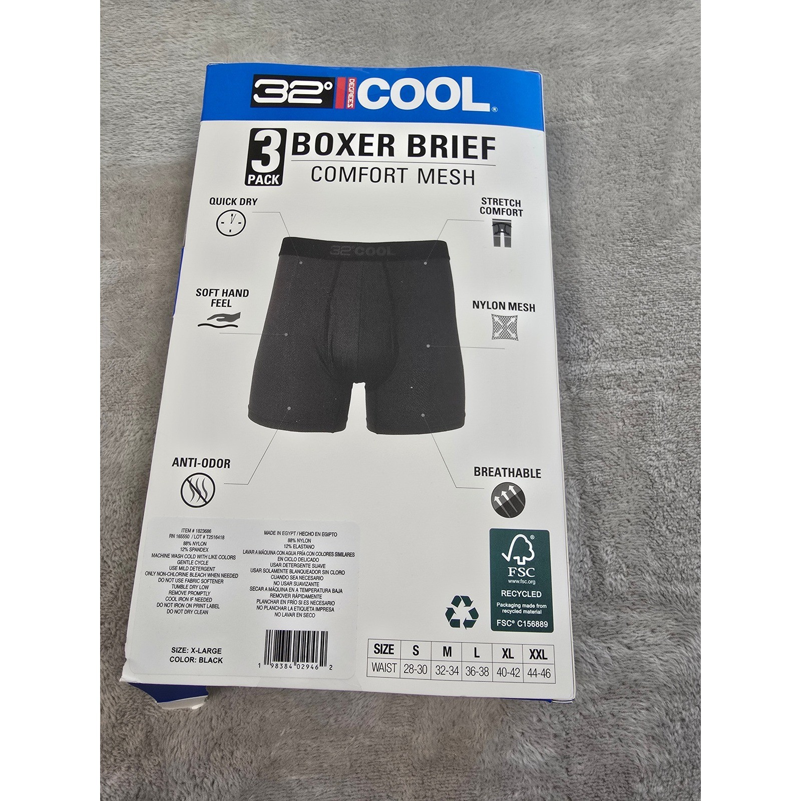 32 Degrees Boxer Brief Men XL Black 3 Pack Comfort Mesh Nylon Stretch Breathable