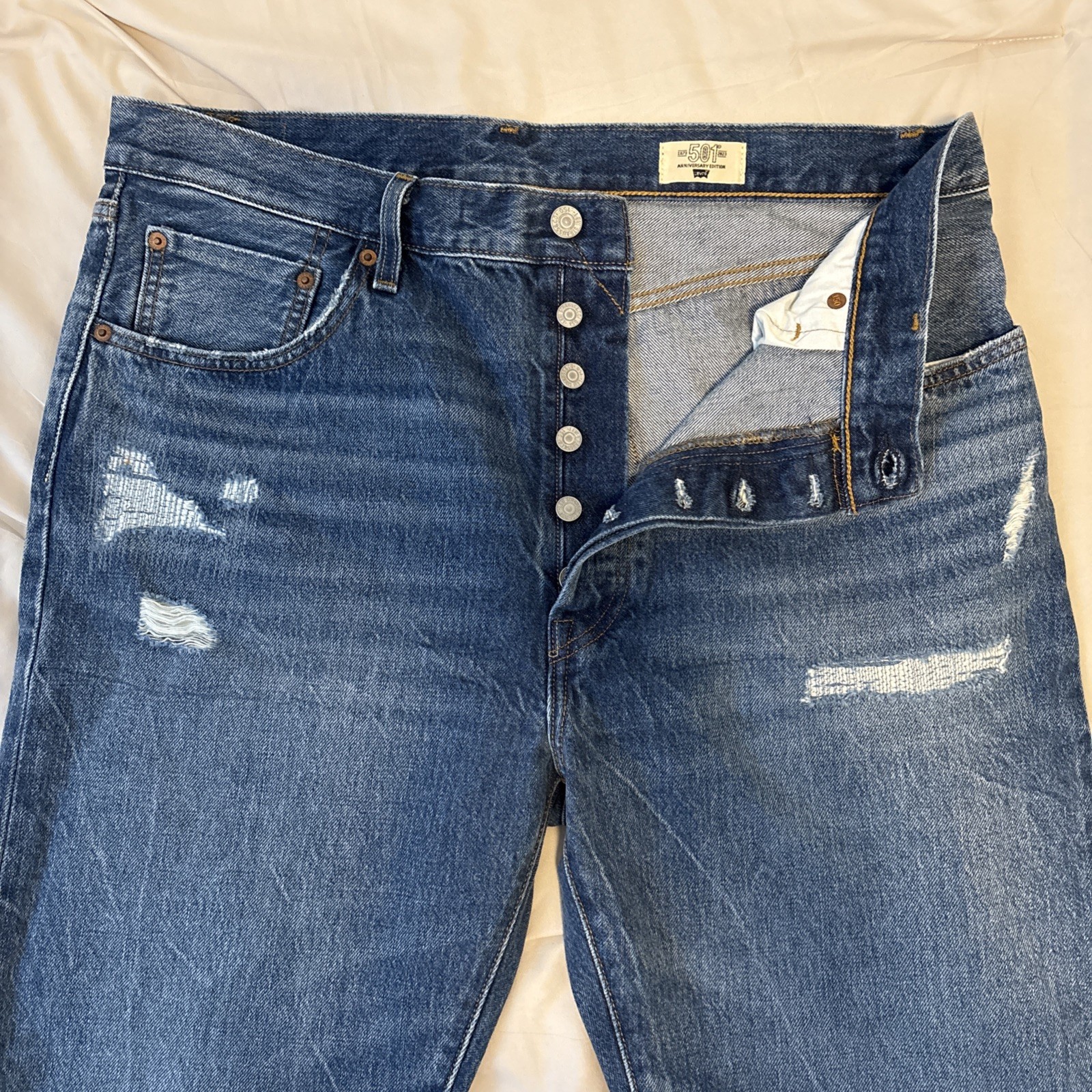 Levis 501 Selvedge Jeans Blue Distressed 34×32 150th Anniversary High Waisted