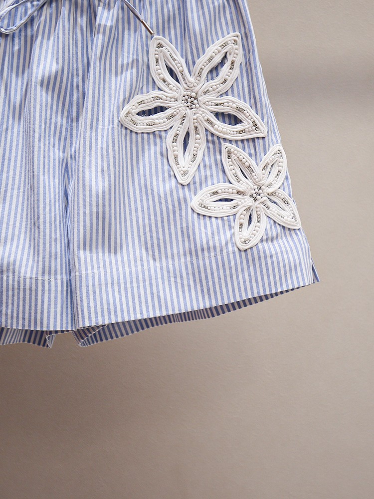 Sandro Striped Wide Leg Shorts Embroidered Pearl Waist Tie