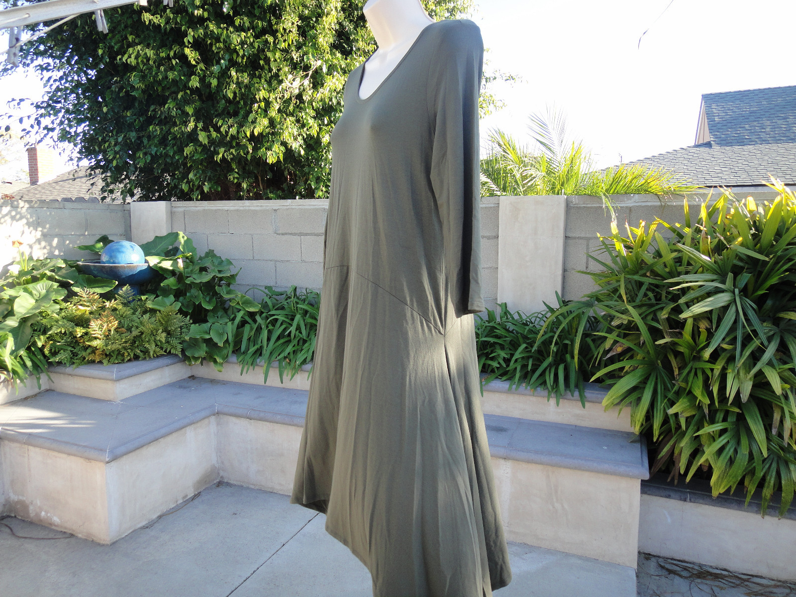 Eileen Fisher Scoop Neck Oregano Green Soft Dress, 95%Viscose 5%Spandex, X Small