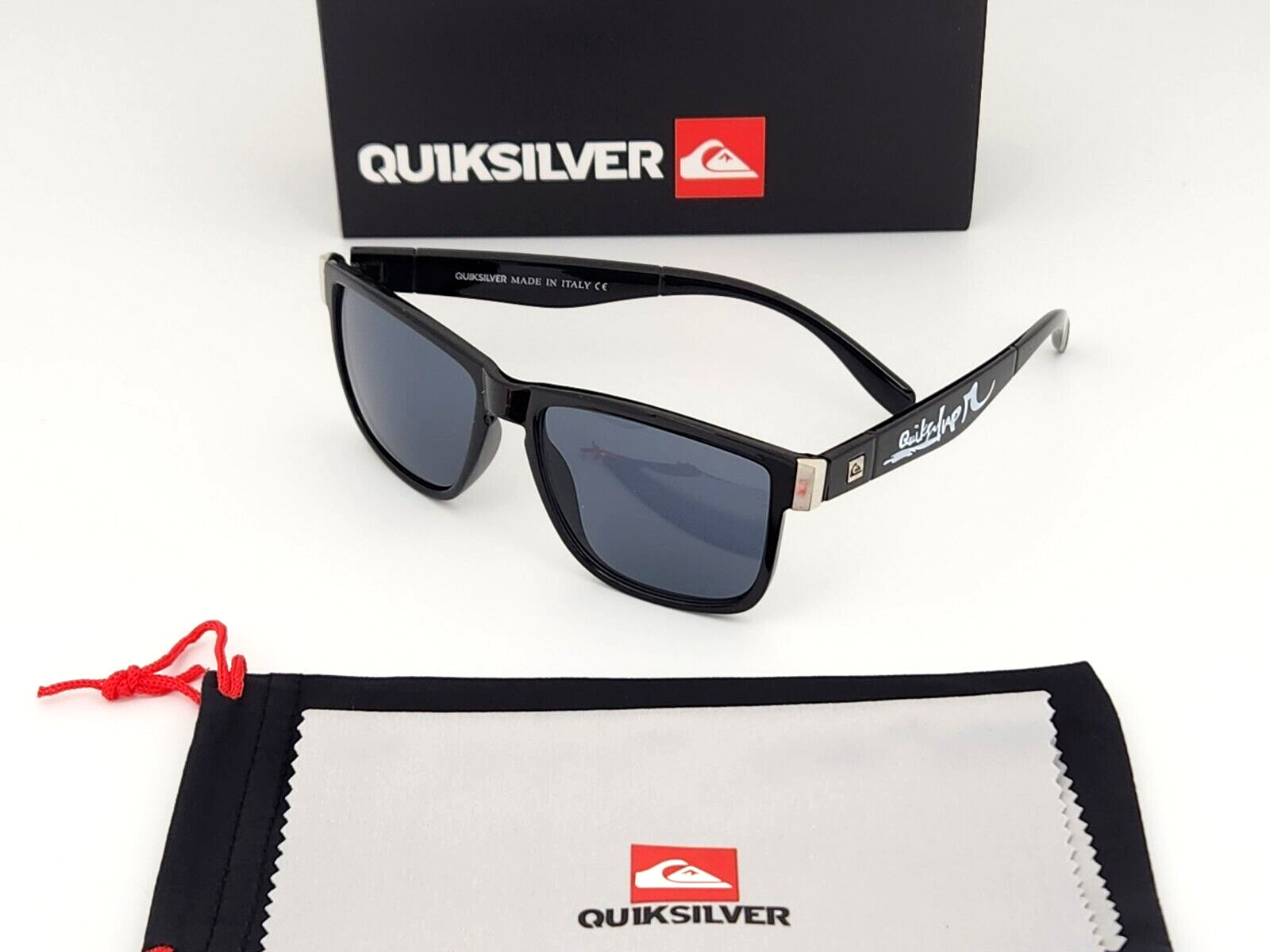 Quicksilver Sports Square Sunglasses Black Frame Dark Smoke Lens White Logo NEW