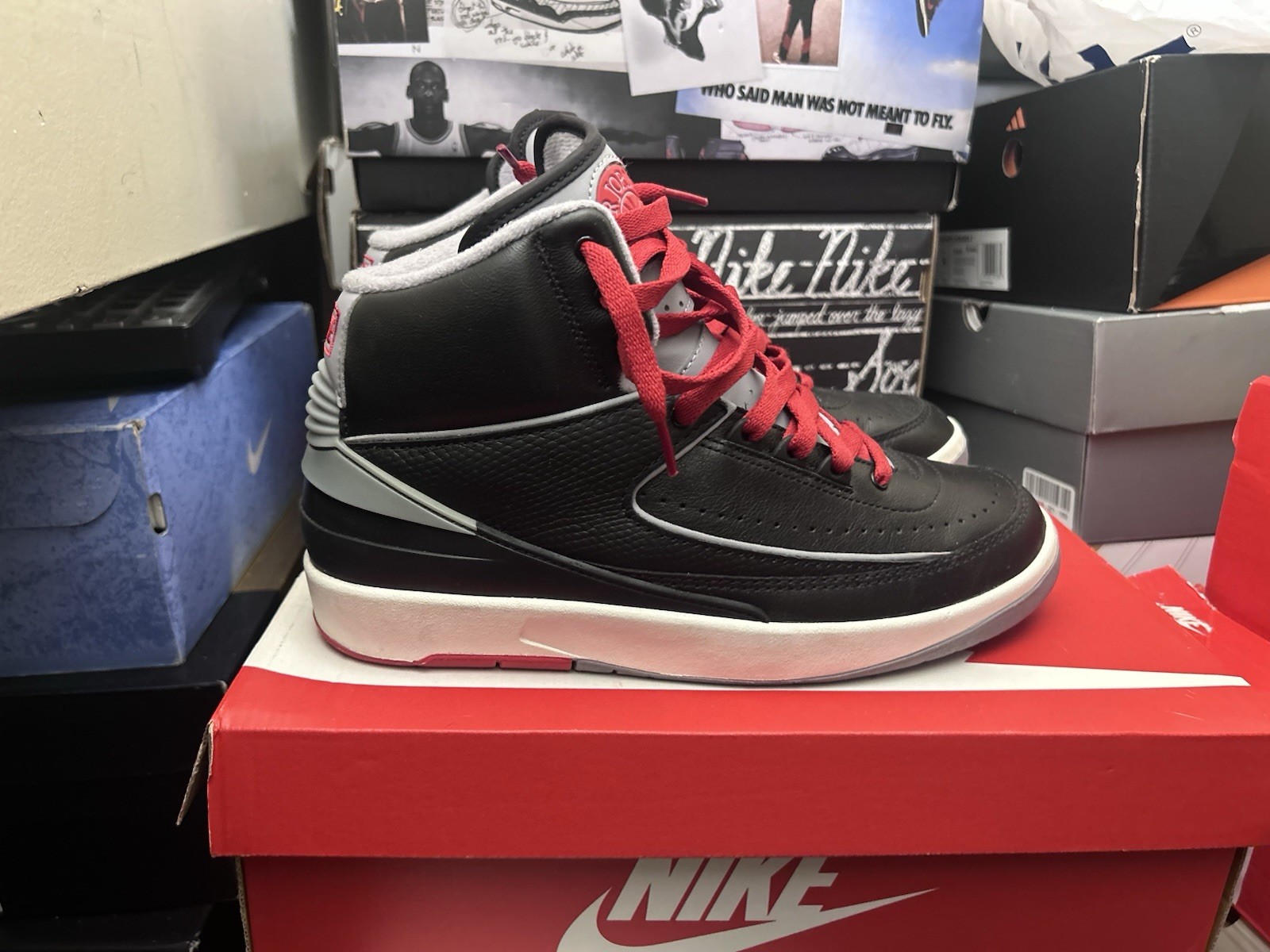 Air Jordan 2 Retro Black Cement Mens Size 8 Good Condition No Box Red Lace Swap