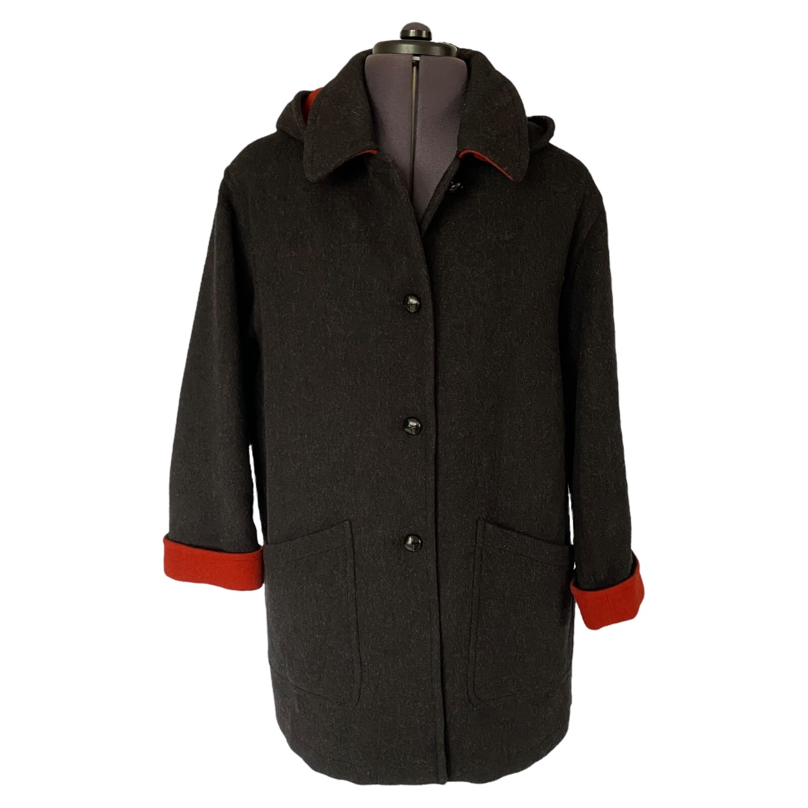 LODENFREY Hooded Coat Black Charcoal Virgin Wool Red Trim Ladies UK 18 D/A 44