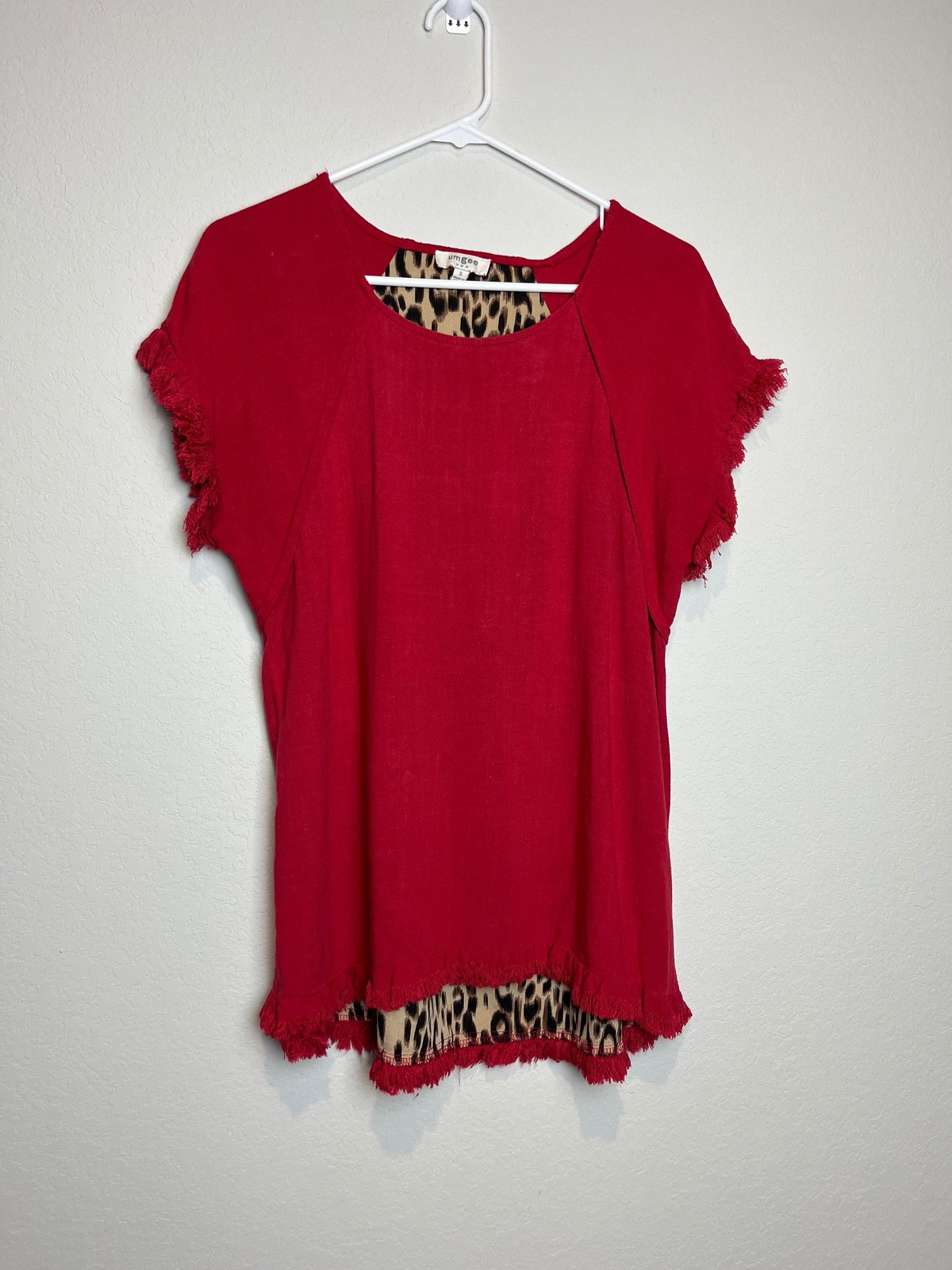 Umgee Tunic Womens S Red Leopard Animal Print Fringe Linen Cotton Short Sleeve