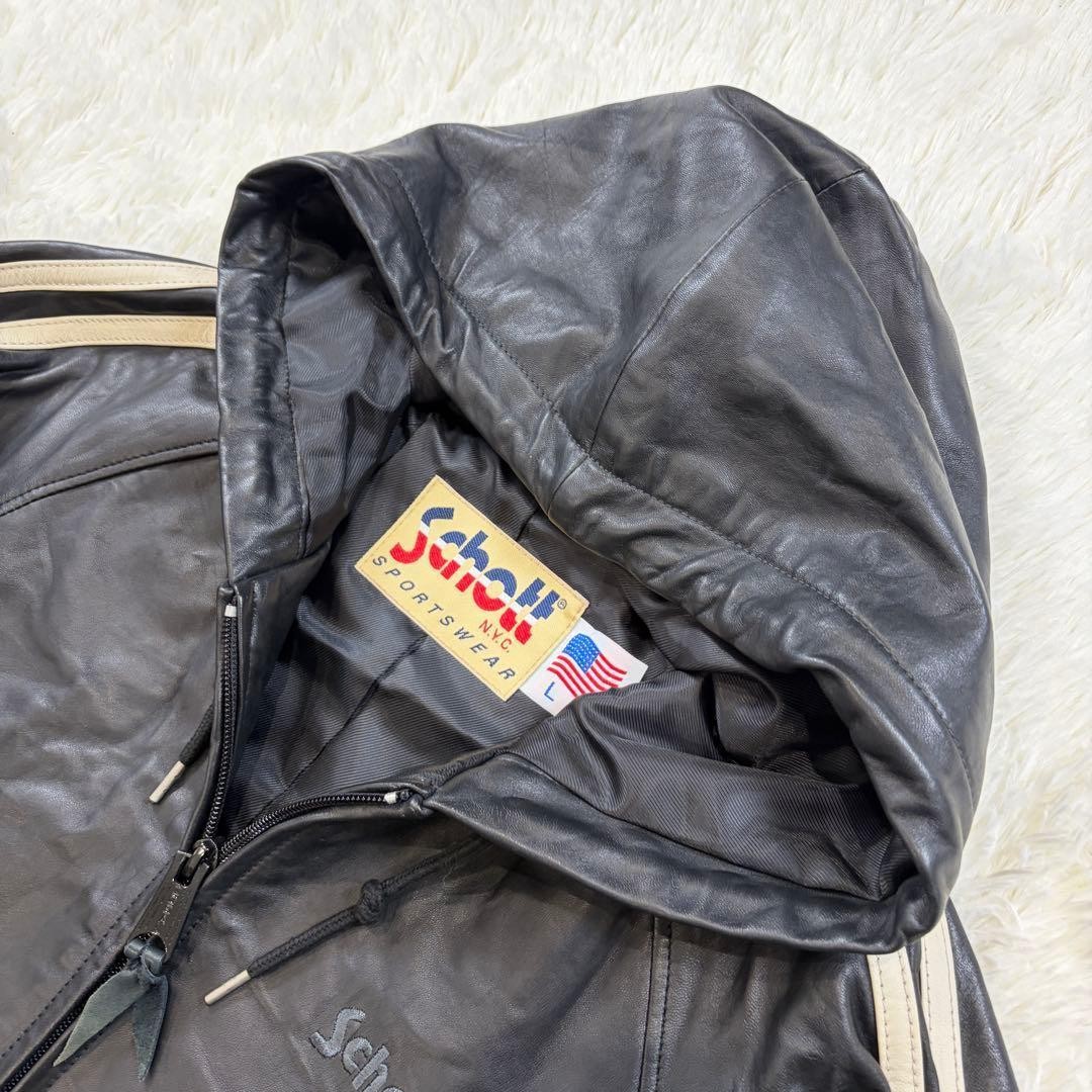 SCHOTT Lamb Leather Zip Hoodie Parka Black L Soft Texured Sports Jacket