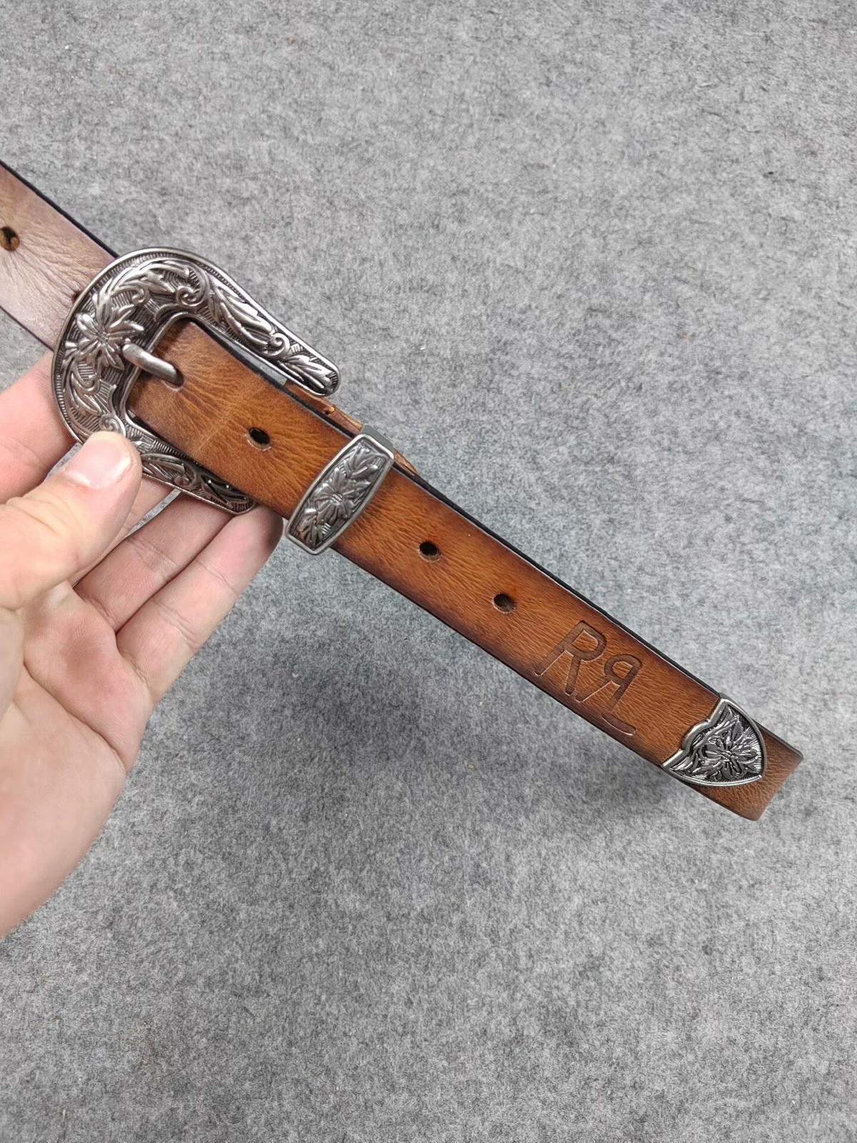 RRL Double RL Western Engraved Buckle Brown Leather Belt with RR Logo Size 32