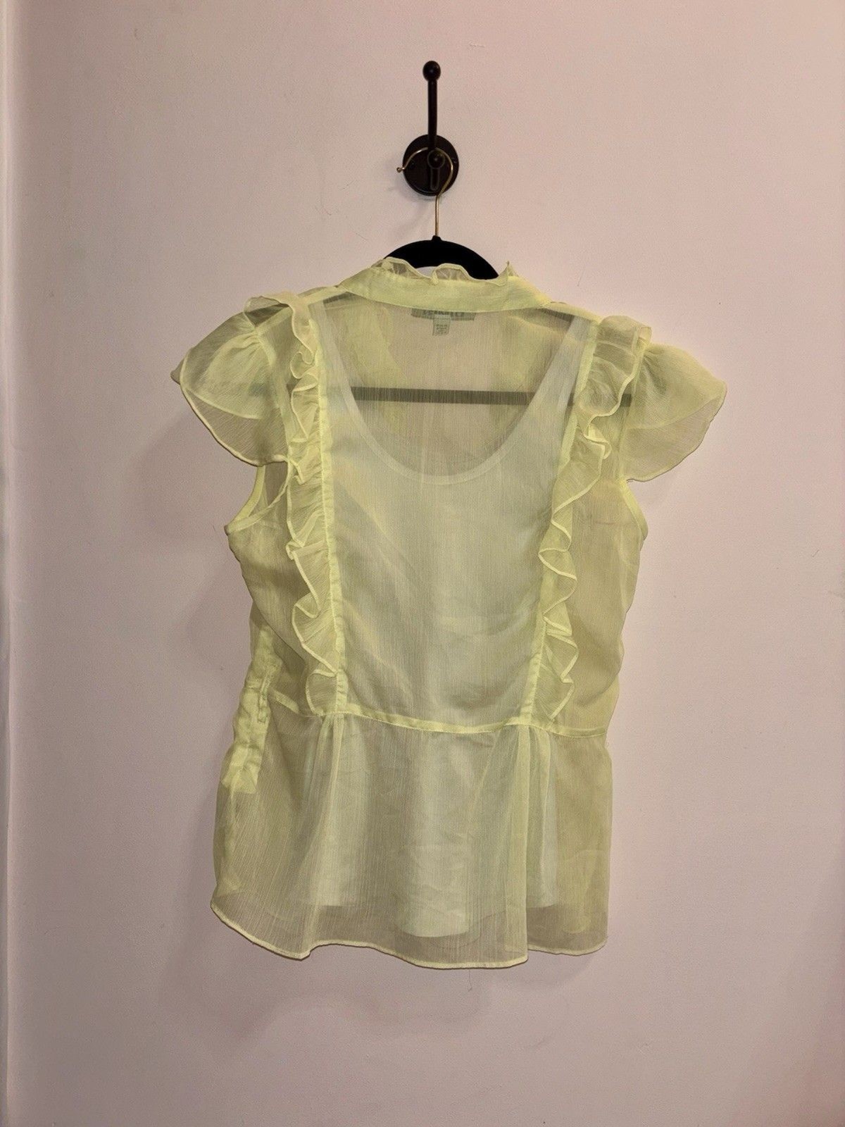 Dimri Sheer Ruffle Blouse Women’s Size M Yellow Button Front Romantic Chi