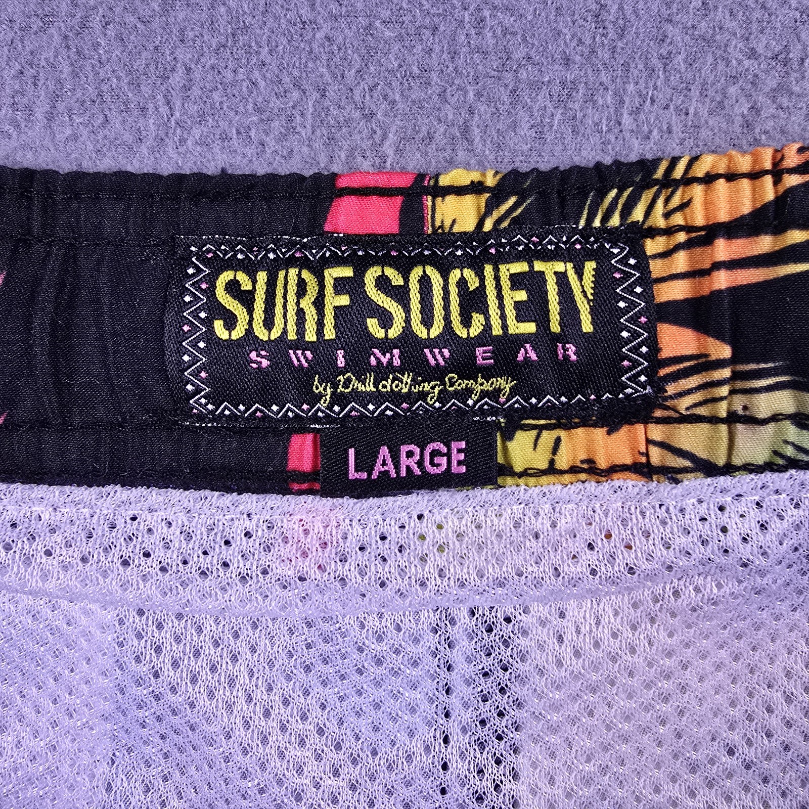 New Surf Society Swim Trunks Men’s Large Rainbow Palm Trees Black Shorts Pride
