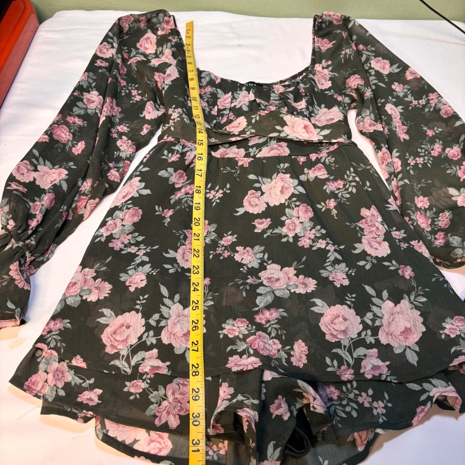 Trixxi Floral Romper XL Olive Green Pink Rose Long Sleeve Cottagecore