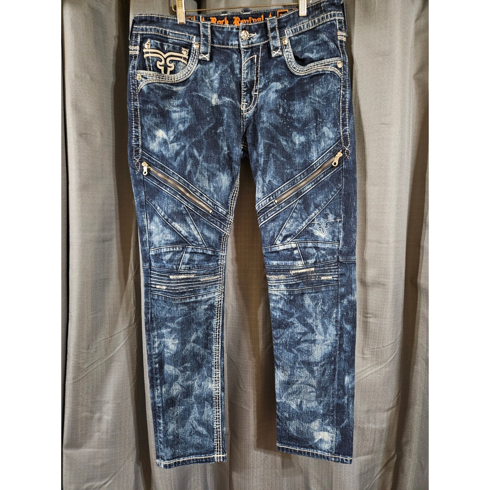 Rock Revival Nels Slim Taper Collectors Edition Acid Wash Moto Jeans Mens 36