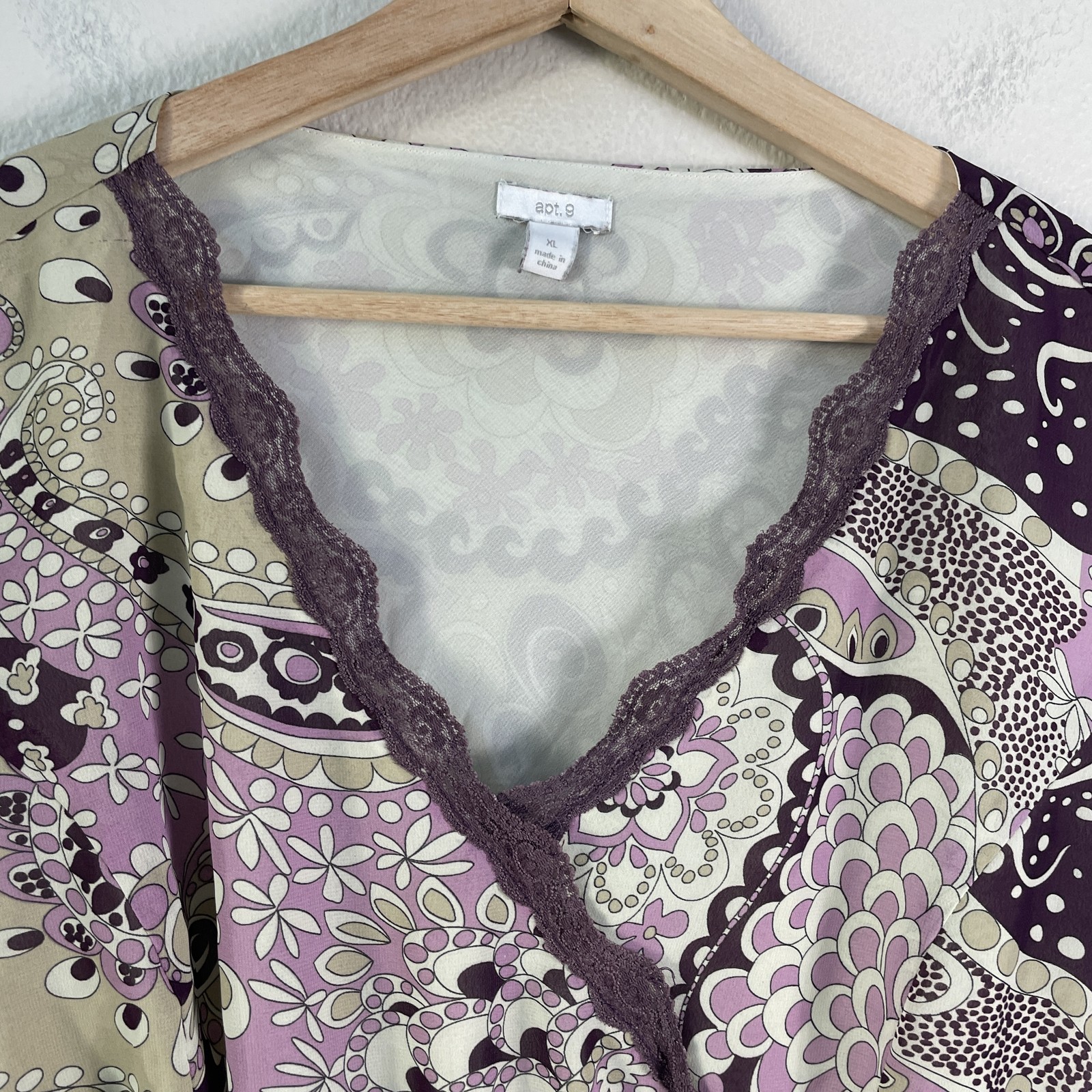 Y2K Apt 9 Blouse Womens XL Purple Beige Floral Paisley Babydoll Long Sleeve Top