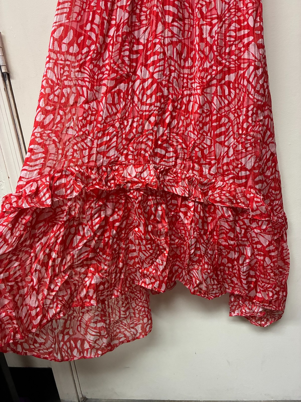 Ramy Brook Printed Ruffle Dress Red And White V Neck Size XS