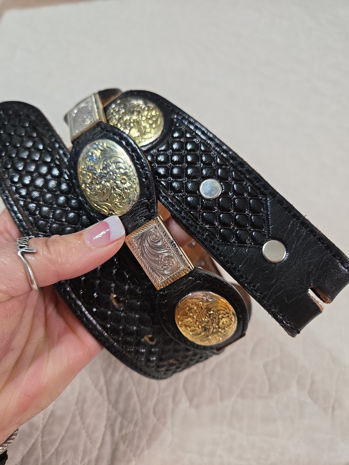 Double J Saddlery Belt Black Leather Concho Two Tone Metal Accents 38 No Buckle
