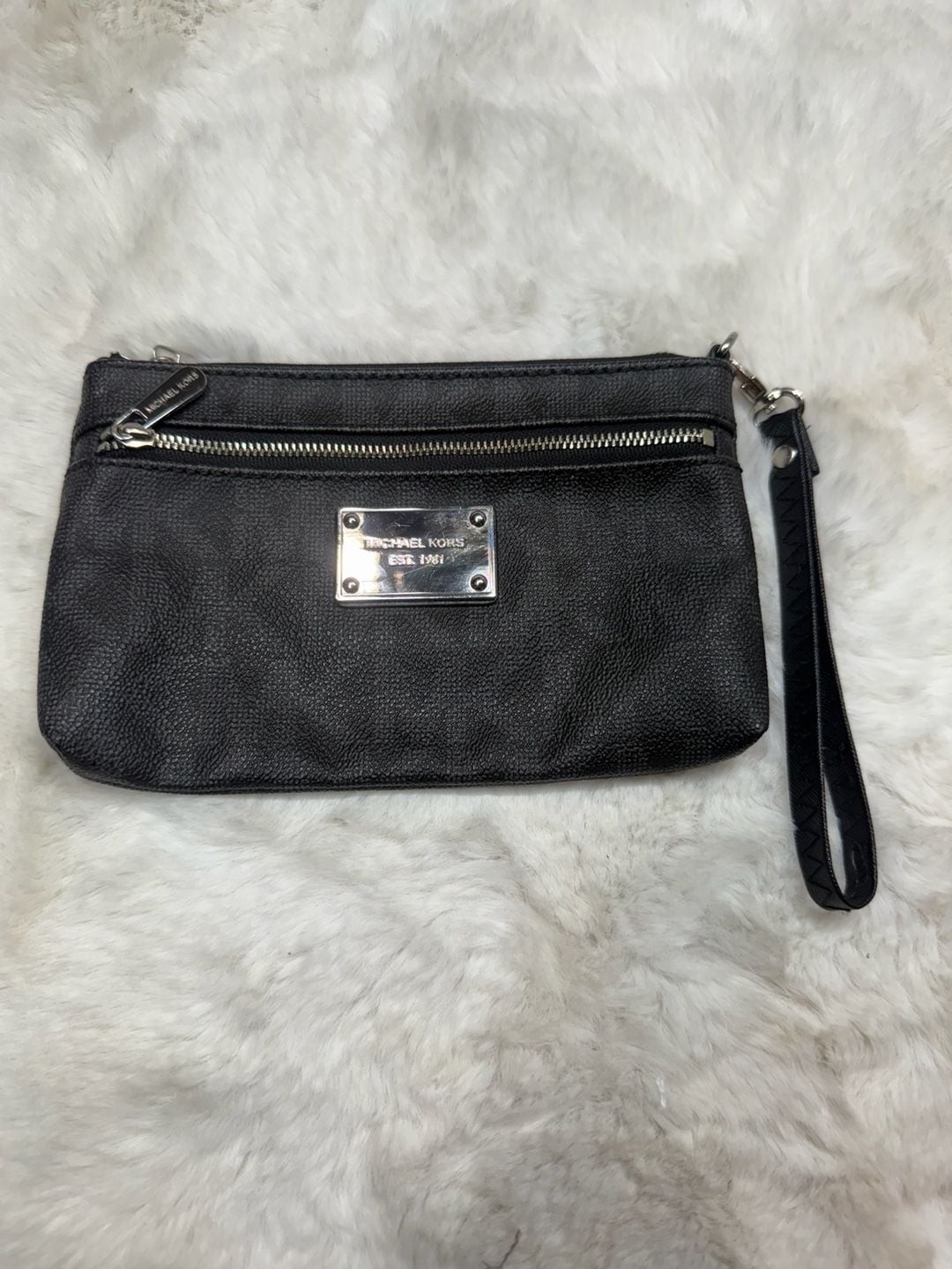 Michael Kors Signature Logo Monogram Wristlet Wallet with Silver-Tone Logo Plate