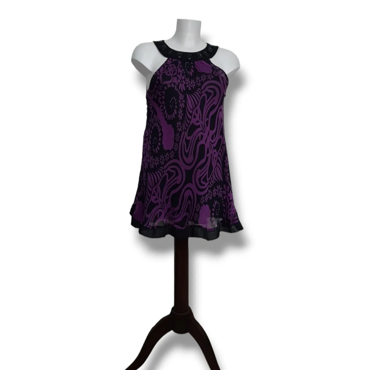 OASIS Pure Silk Sleeveless Top Tunic Pussy Bow Floral Black Purple 12 New NWT