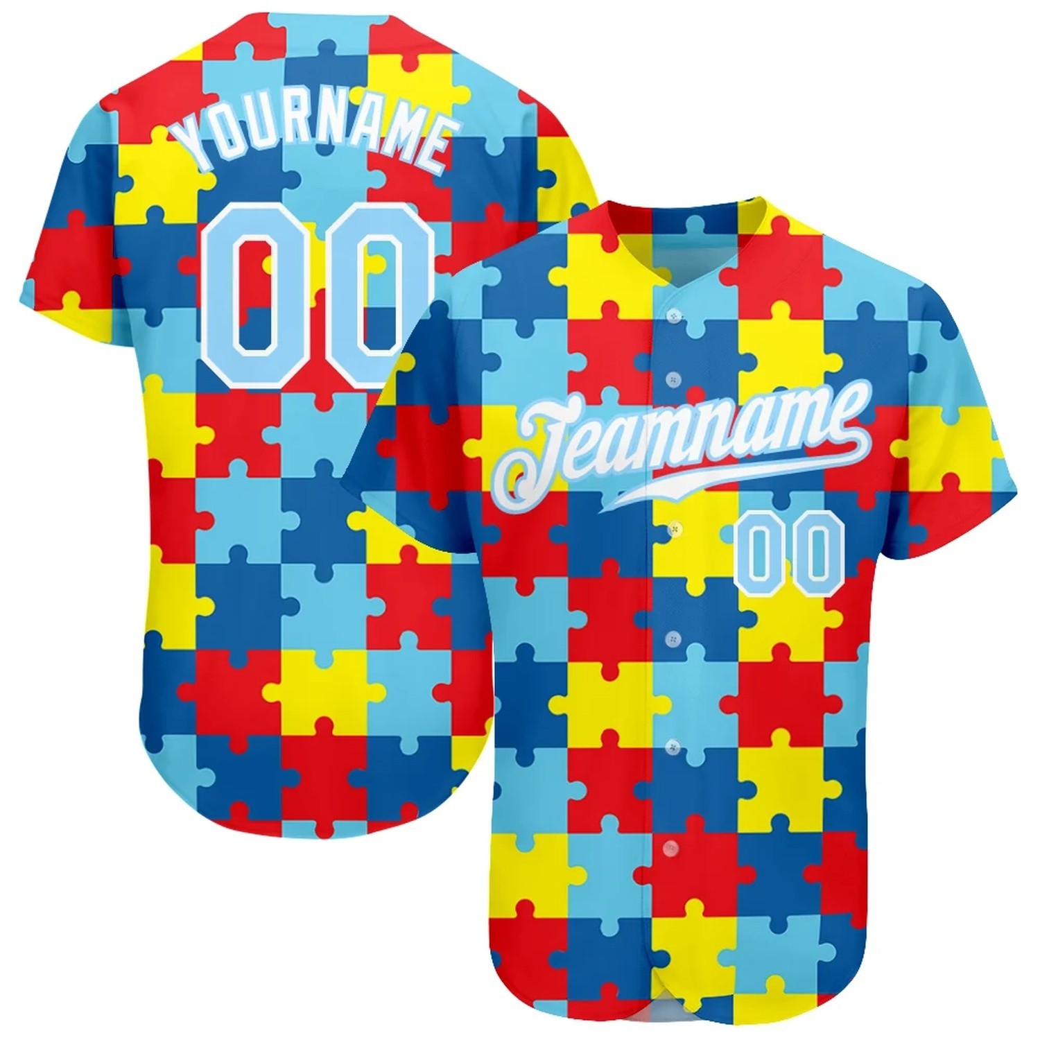 Custom Autism Supporter Awareness Puzzle Pieces Light Blue-White 3D Baseball Je