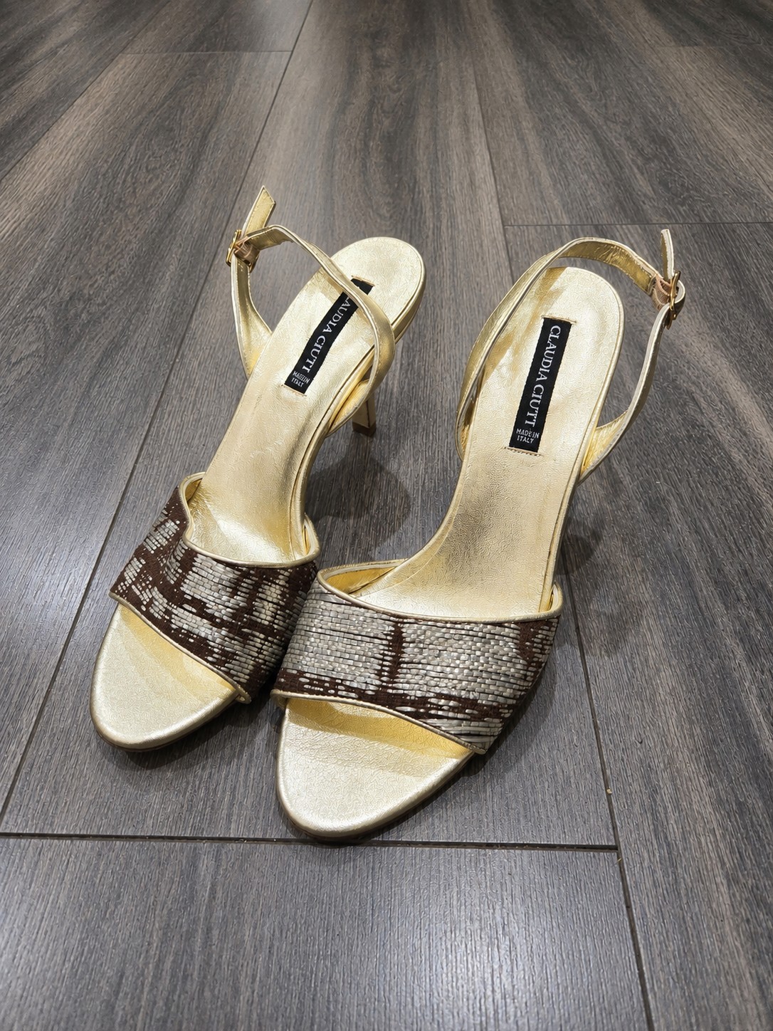 Claudia Ciuti Made In Italy Gold Leather Slingback Sandals Heels Womens 6.5M