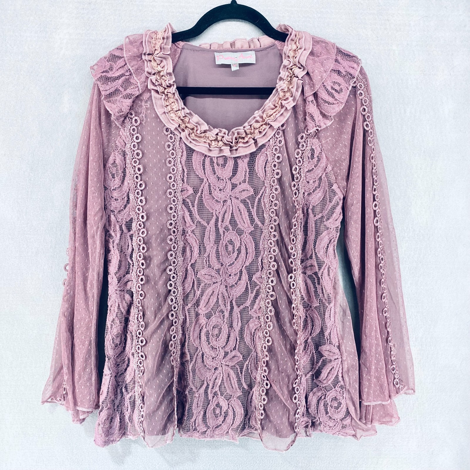 Pretty Angel Cottagecore Top Womens M Purple Lace Silk Blend Blouse Fairy Boho